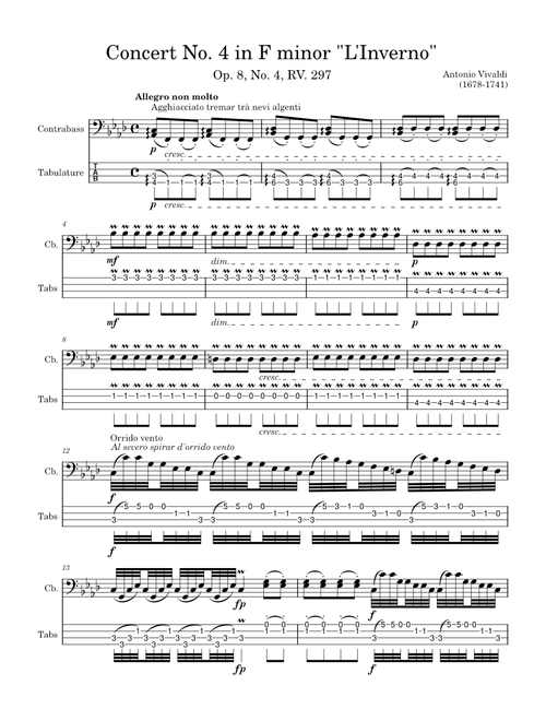 Vivaldi - Concerto No. 4 in F minor, Op. 8, RV 297, "Winter" (L'inverno) for Solo Contrabass/E.Bass