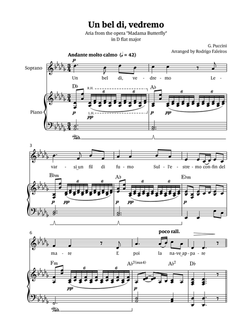 Un Bel Di Vedremo (from Madama Butterfly) - for Soprano - in Db major (Arr. Rodrigo Faleiros) - Puccini, Giacomo Puccini (Piano Vocal)