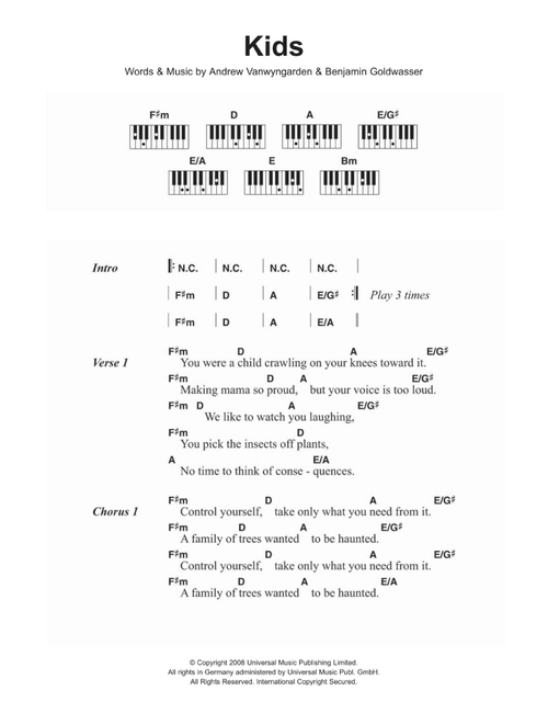Kids - MGMT (Piano Chords-Lyrics)
