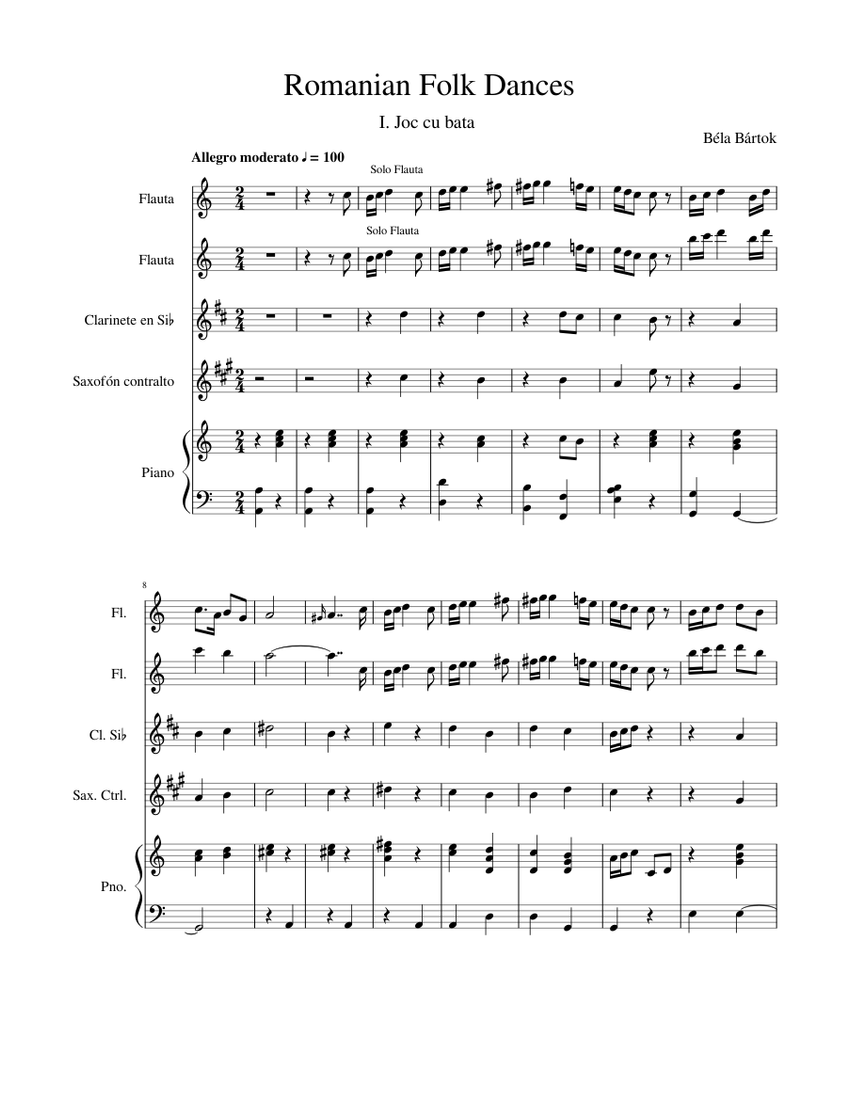 Romanian Folk Dances Sheet Music for Piano, Flute, Clarinet in b-flat ...