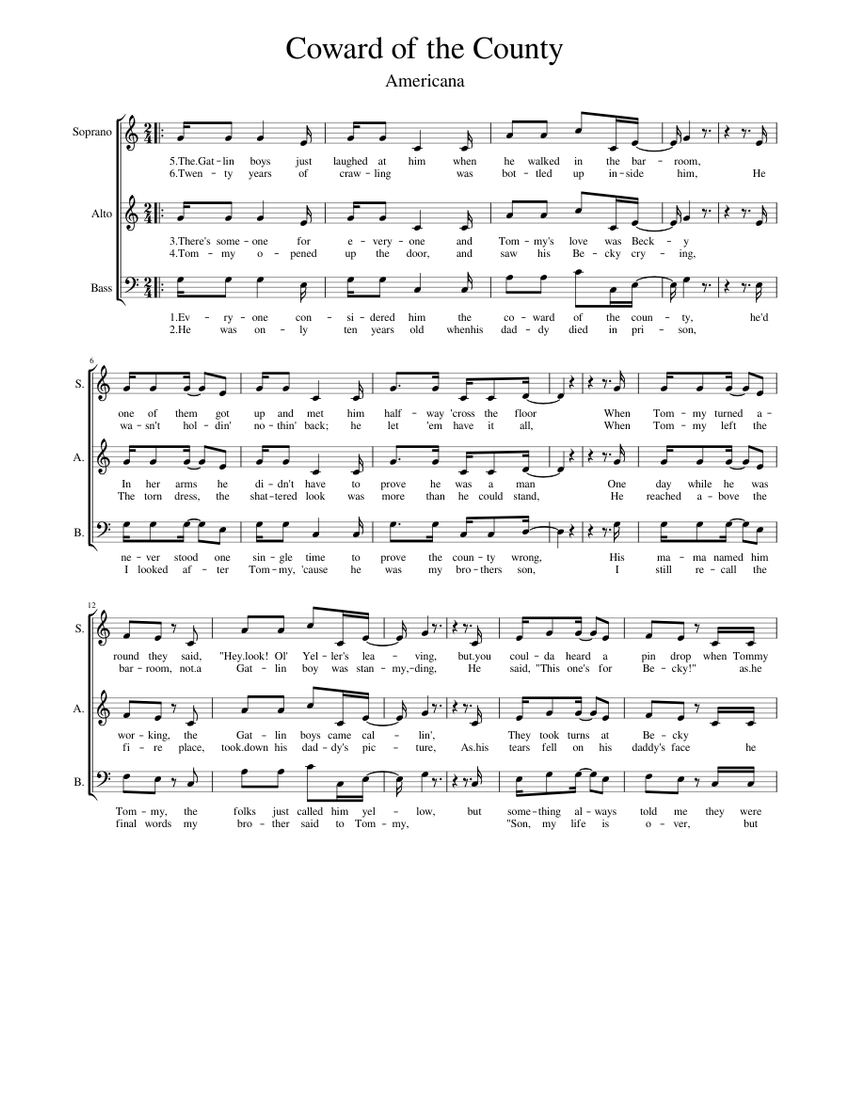 Coward of the County Sheet Music for Soprano, Alto, Bass voice