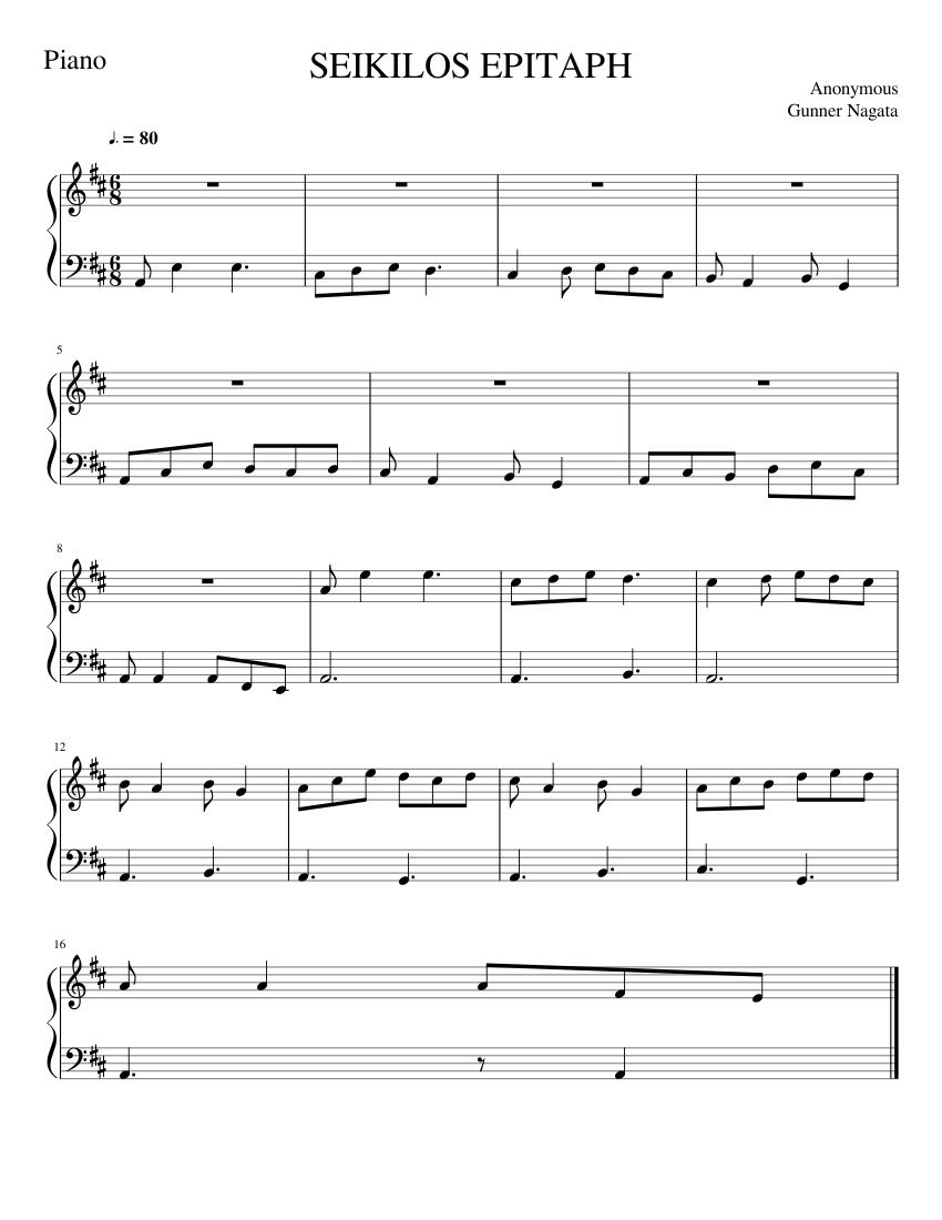 SEIKILOS EPITAPH Sheet music for Piano (Solo)
