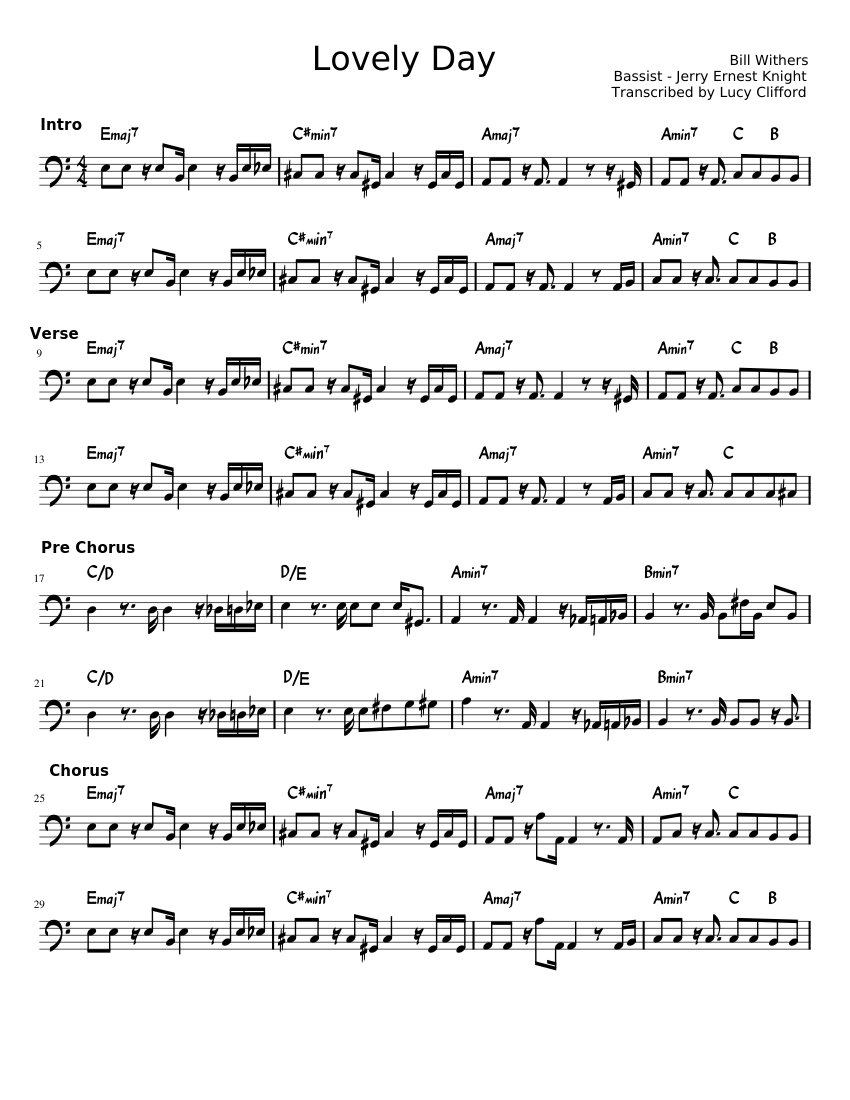 Lovely day Bill Withers Lovely Day Bass Transcription Sheet music