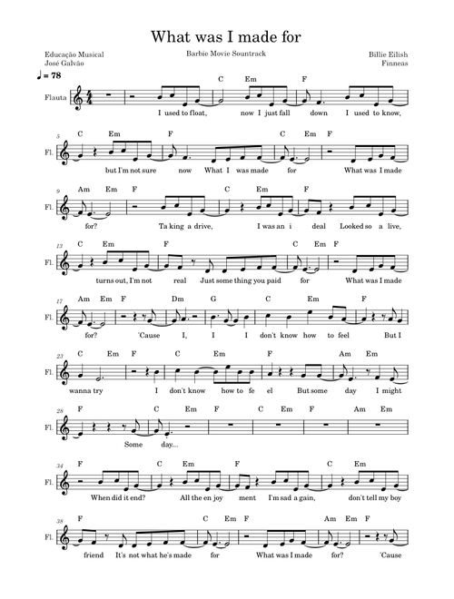What Was I Made For? – Billie Eilish (Partitura flauta com Cifra - Educação Musical José Galvão)