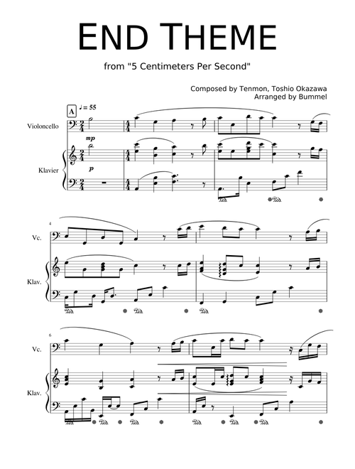 END THEME - 5 Centimeters Per Second - Piano & Cello