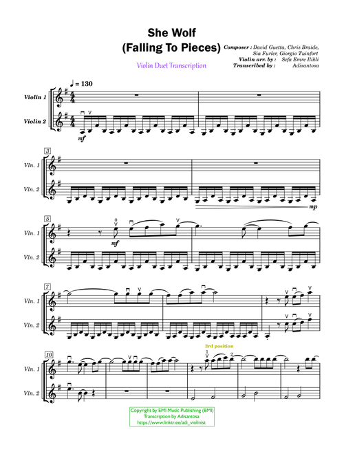 She Wolf (Falling To Pieces) (Arr. Adisantosa) - Ameritz Tribute (Violin Duet)