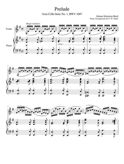 Prelude from Cello Suite No. 1 BWV 1007 by J. S. Bach, transcription for Violin and Piano [in original key]