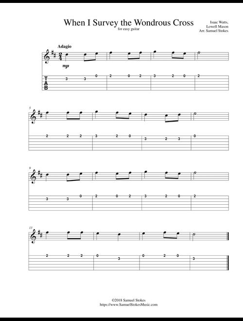 When I Survey the Wondrous Cross - for easy guitar with TAB (Arr. Samuel Stokes) - Isaac Watts, Lowell Mason (Guitar Tab)