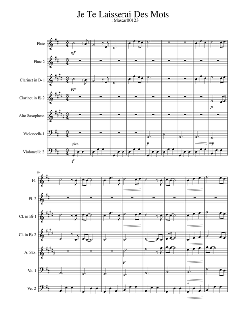 Je Te Laisserai Des Mots - 2 Flute 2 Clarinet Sax 2 Cello