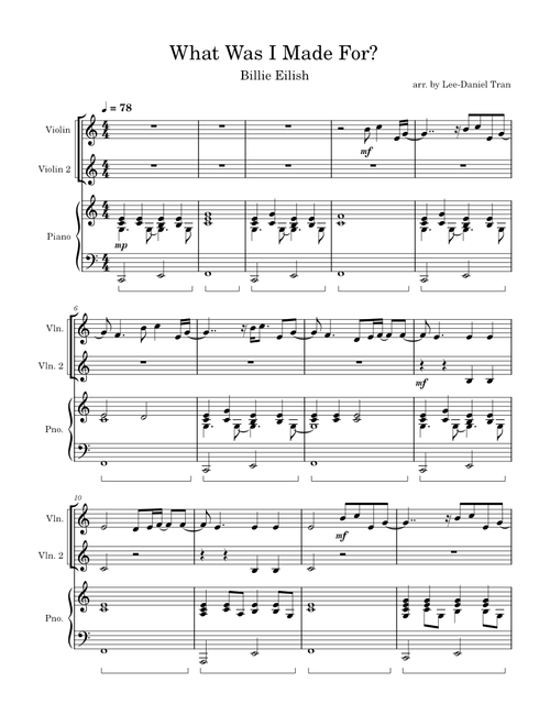 What Was I Made For? – Billie Eilish | For 2 Violins & Piano Accompaniment