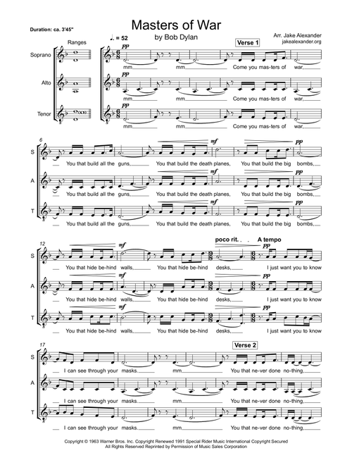 Masters Of War (Arr. Jake Alexander) - Bob Dylan (Choral, SAT)