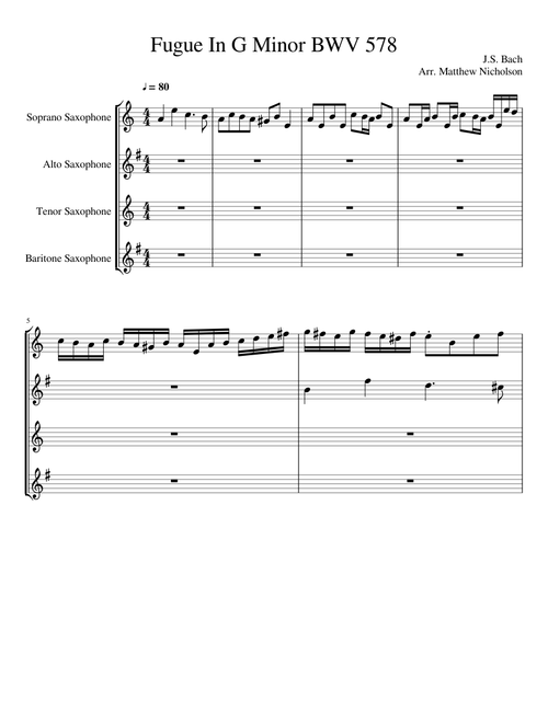 Fugue In G Minor BWV 578 for Saxophone Quartet
