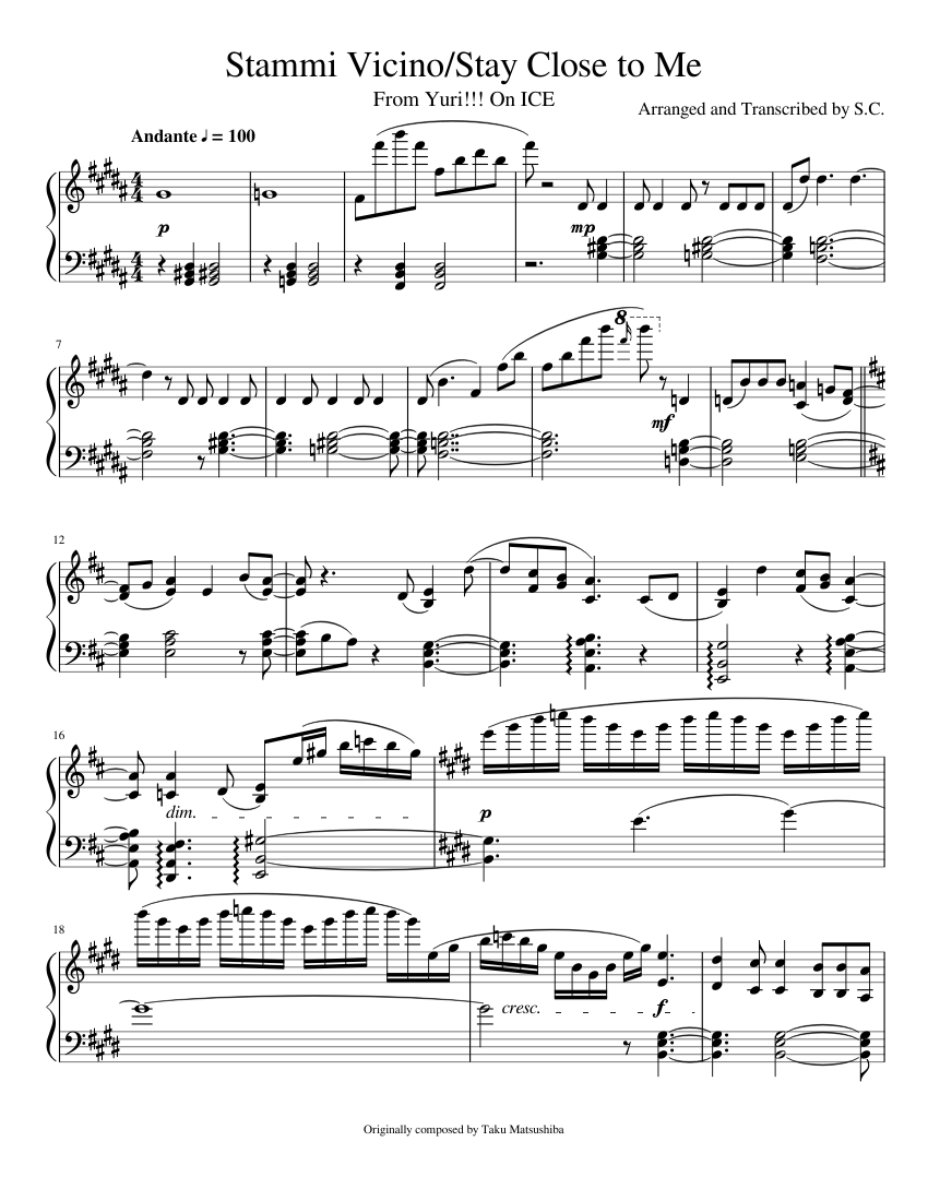 Stammi Vicino/Stay Close to Me Sheet Music for Piano (Solo