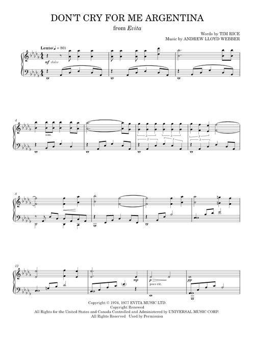 Don't Cry For Me Argentina - Andrew Lloyd Webber, Evita Musical (Piano Vocal)