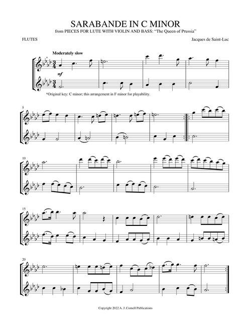 Sarabande in C Minor (from Pieces for Lute with Violin and Bass: “The Queen of Prussia”) (Arr. Mark Phillips) - Jacques de Saint-Luc (Flute Duet)
