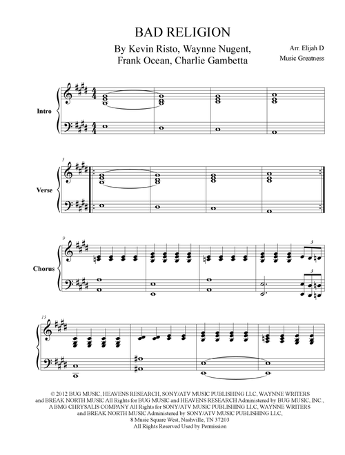 Bad Religion (Arr. Music Greatness) - Frank Ocean (Piano Solo)
