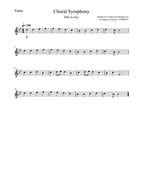Choral Symphony Ode To Joy (Arr. Zachary Corbett) - Ludwig van Beethoven (Violin Solo)