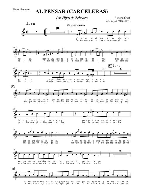 Al pensar (Carceleras) from Las hijas del Zebedeo (Arr. Bojan Mladenović) - Ruperto Chapi (Lead Sheet - Fake Book)