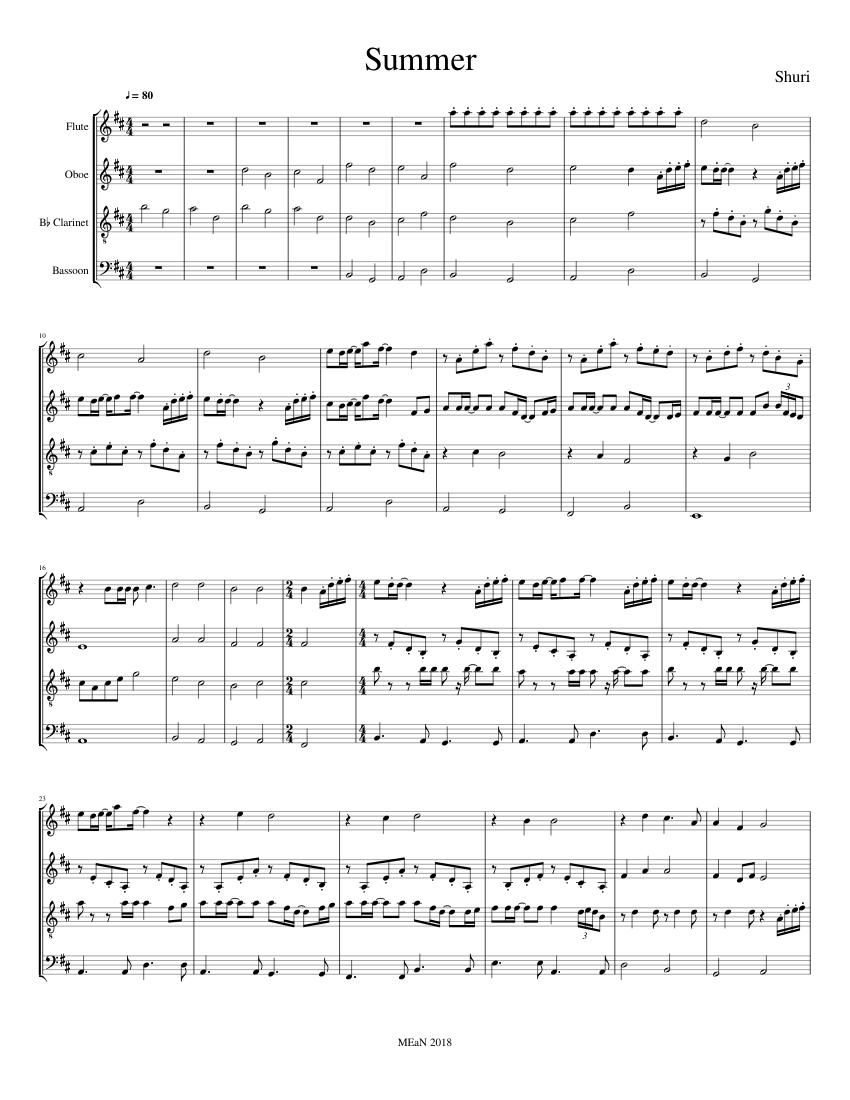 Summer Joe Hisaishi A Sheet music for Flute, Oboe, in bflat