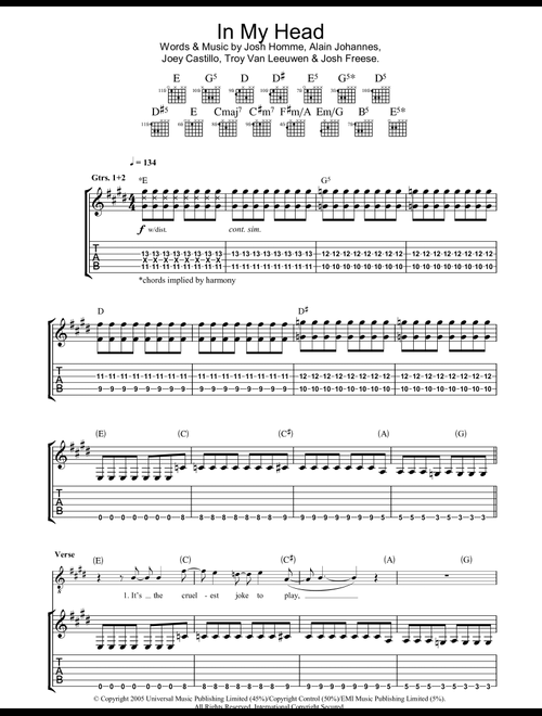 In My Head - Queens Of The Stone Age (Guitar Tab)