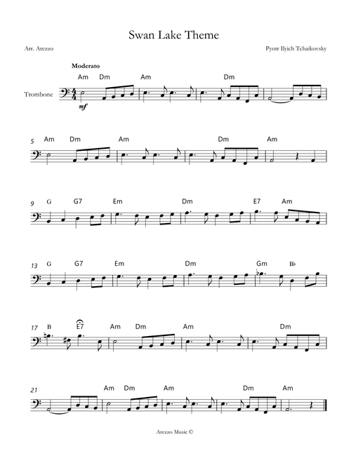 Tchaikovsky – Swan Lake (Theme) | Trombone Lead Sheet with Chord Symbols in A minor (Arr. Arezzo Music) (Trombone Solo)