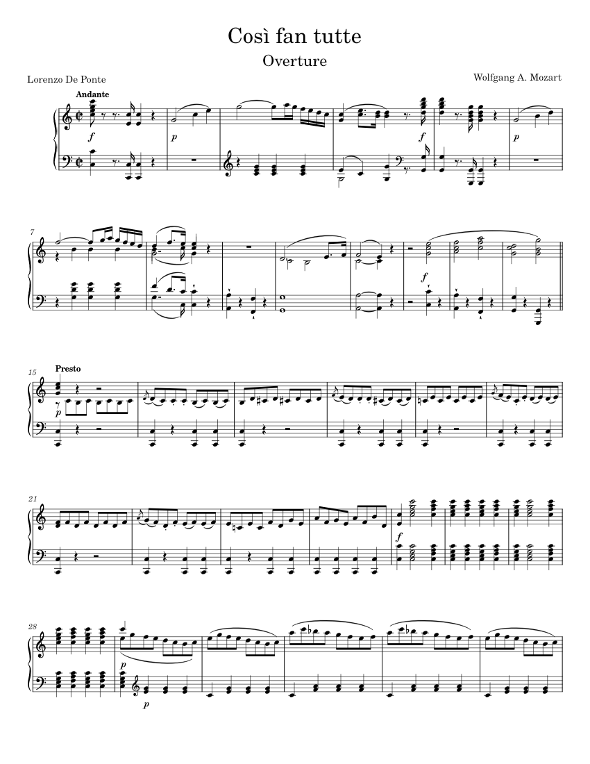 Così fan tutte: Overture Sheet Music for Piano (Solo) | MuseScore.com