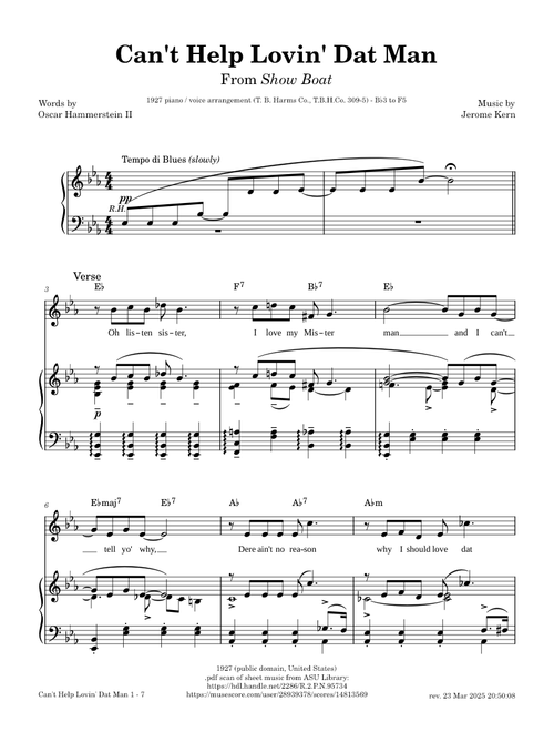 Can't Help Lovin' Dat Man - Jerome Kern, Oscar Hammerstein II [1927 piano / vocal arrangement]