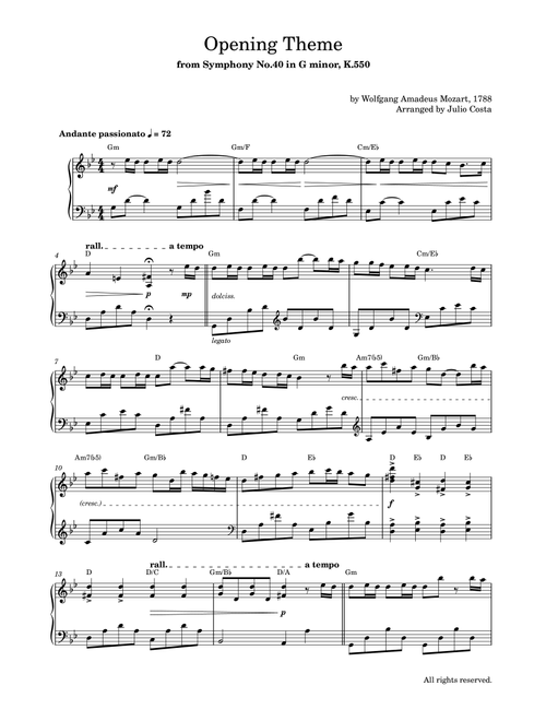 Mozart - Opening Theme from Symphony 40 (Arr. Julio Costa) - Wolfgang Amadeus Mozart (Piano Solo)