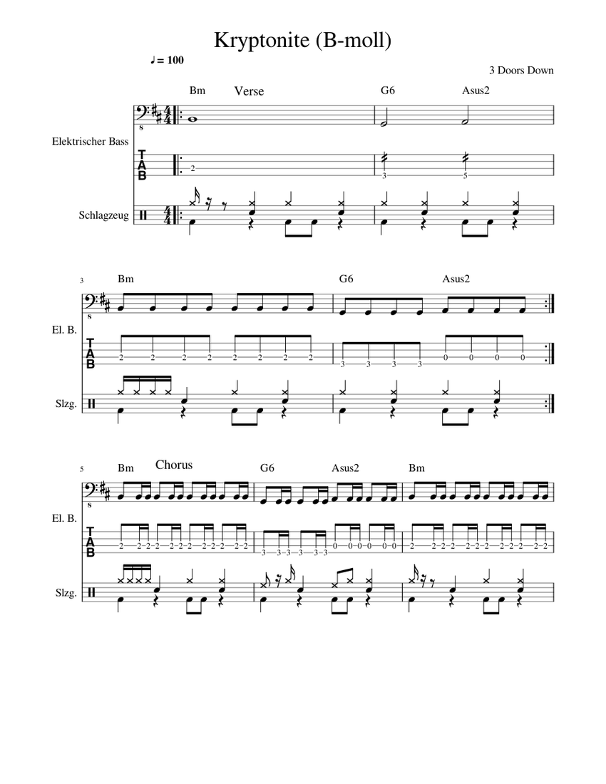 Kryptonite 3 Doors Down B moll bass and drums unfinished Sheet music for Bass guitar Drum group Mixed Duet Musescore