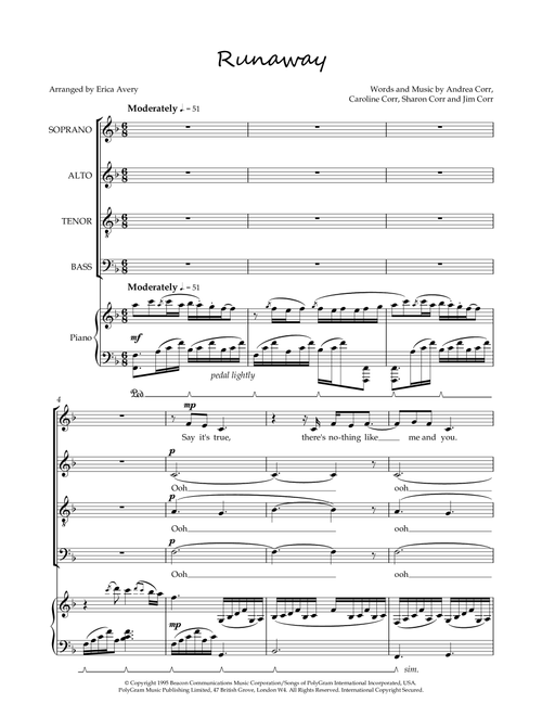 Runaway (Arr. Erica Avery www.ericaavery.co.uk) - The Corrs (Choral, SATB)