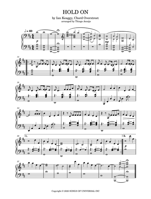 Hold On (Arr. Thiago Araújo) - Ian Keaggy, Chord Overstreet (Easy Piano)