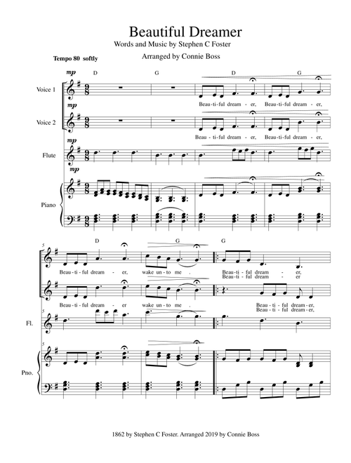 Beautiful Dreamer - Key of G duet and piano with optional instruments included (Arr. Connie Boss) - Stephen C Foster (Small Ensemble)