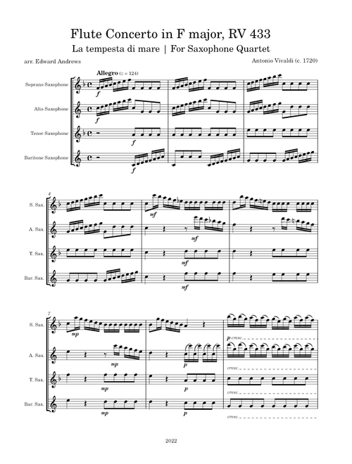 Vivaldi: Flute Concerto in F major, RV 433 for Saxophone Quartet