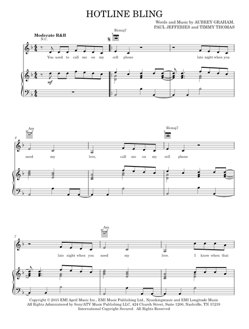 Hotline bling - Drake (Piano-Vocal-Guitar)