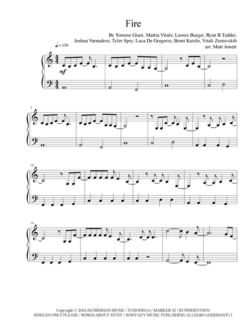 Fire (Arr. Matt Arnett) - Meduza Onerepublic Leony (Easy Piano)