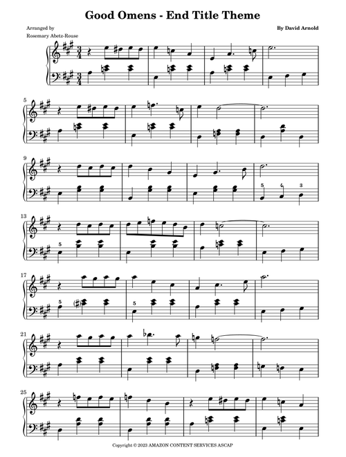 Good Omens - End Title Theme (Arr. Rosemary Abetz-Rouse) - David Arnold (Easy Piano)