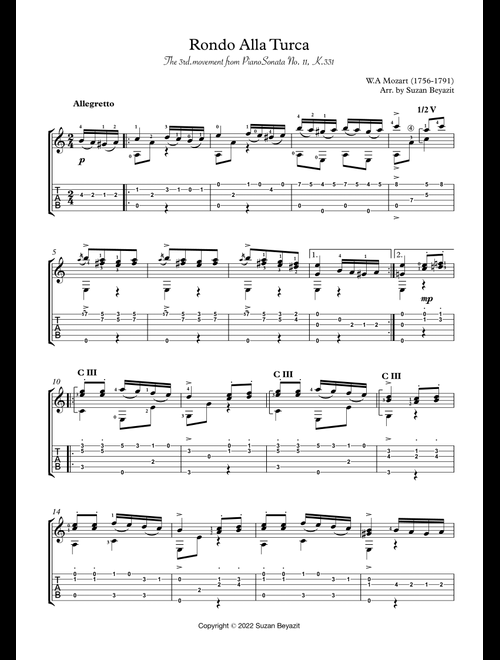 Rondo Alla Turca (Turkish March) (Arr. Suzan Beyazit) - Wolfgang Amadeus Mozart (Guitar Tab)