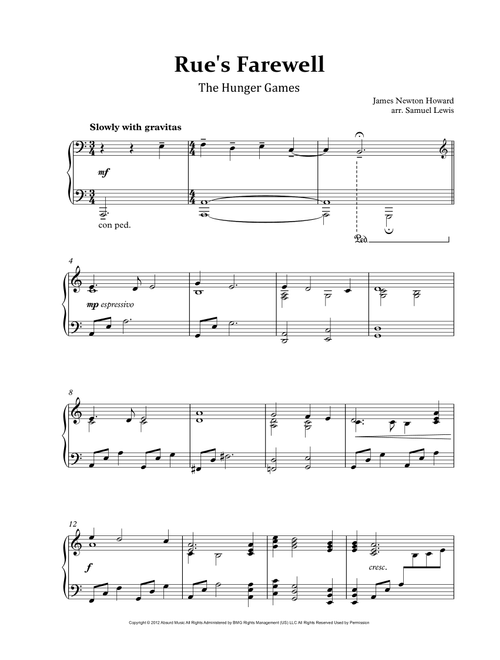 Rue's Farewell (Arr. Samuel Lewis) - James Newton Howard (Piano Solo)