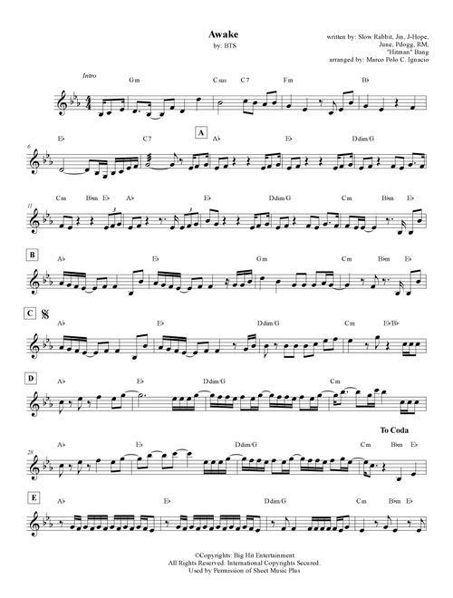 Awake (Arr. Marco Polo C. Ignacio) - BTS (Lead Sheet - Fake Book)