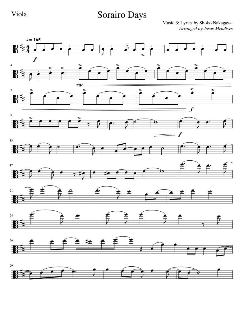 Sorairo Days – Shoko Nakagawa Sheet Music for Viola (Solo