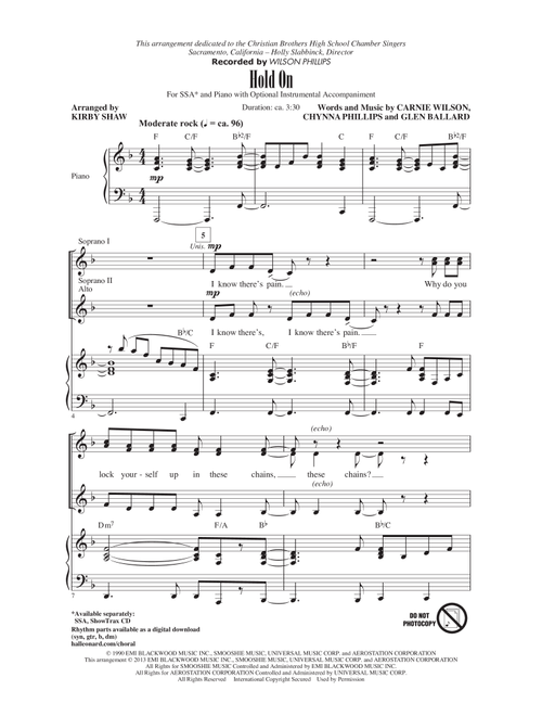 Hold On (arr. Kirby Shaw) - Wilson Phillips (Choral, SSA)