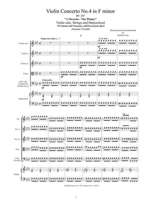 Vivaldi - Violin Concerto No.4 in F minor (Winter) RV 297 Op.8 for Violin, Strings and Harpsichord (Arr. Santino Cara) - Vivaldi Antonio (Chamber Orchestra)