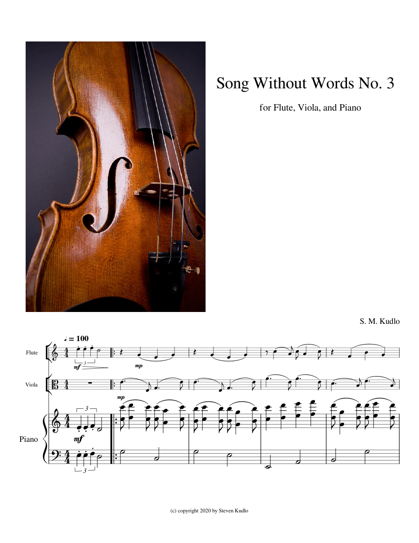 Song Without Words for Flute, Viola, and Piano No. 3 Sheet music for Piano, Flute, Viola (Piano