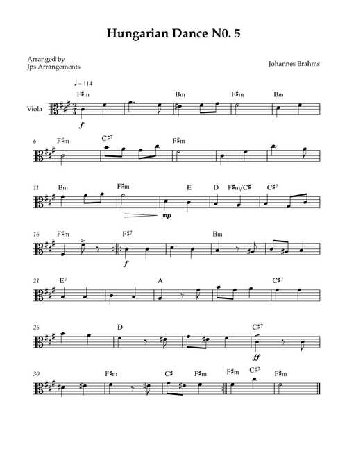 Hungarian Dance No. 5 for Viola - key of F#m (Arr. Jps Arrangements) - Johannes Brahms (Viola Solo)
