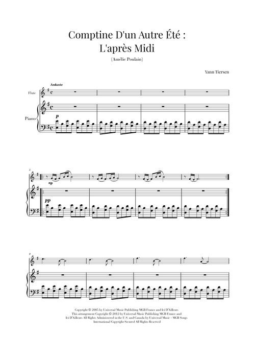 Comptine D'un Autre Été: L'après-midi (Arr. Cadenza Editions) - Yann Tiersen (Flute and Piano)