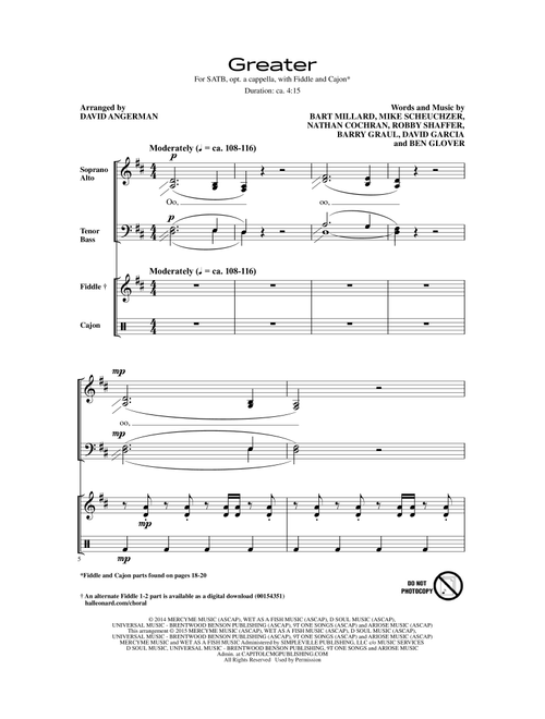 Greater (Arr. David Angerman) - MercyMe, Ben Glover, Barry Graul (Choral, SATB)