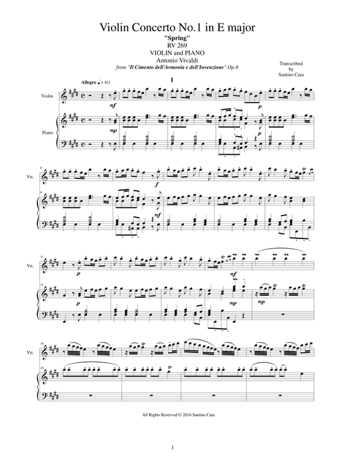 Vivaldi - Concerto No.1 in E major Op.8 Spring RV 269 for Violin and Piano (Arr. Santino Cara) - Vivaldi Antonio (Violin and Piano)