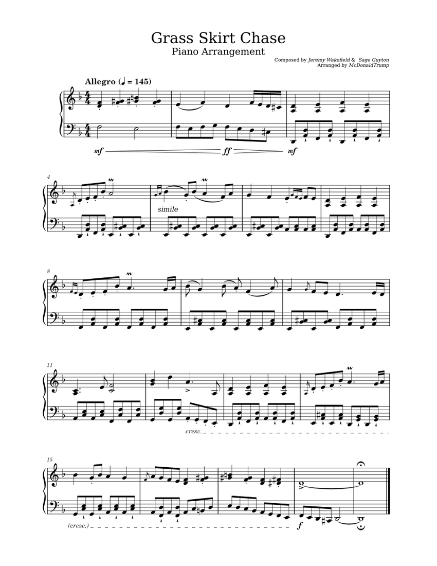 Grass Skirt Chase for piano Spongebob music Sheet music for Piano