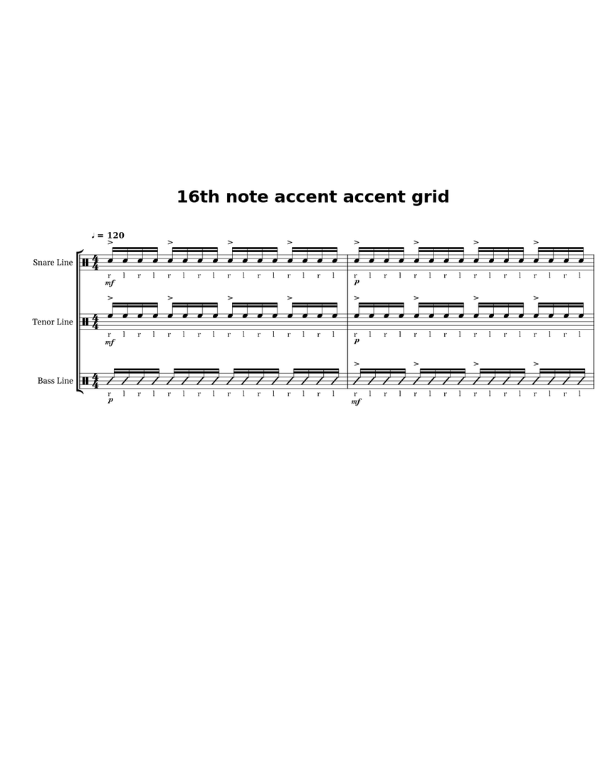 16th note accent accent grid Sheet music for Snare drum, Tenor drum