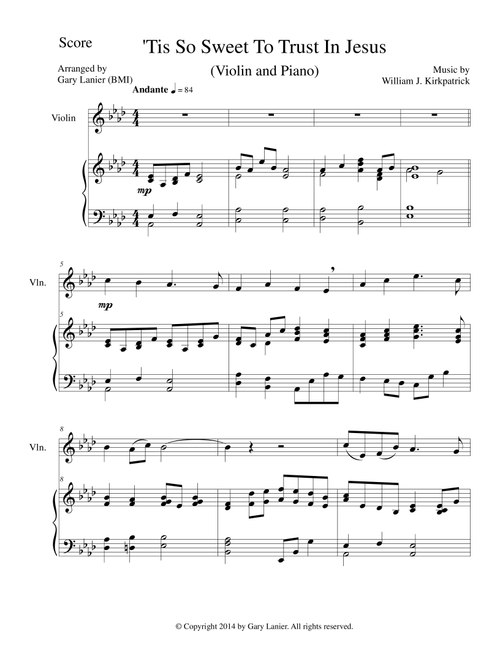 'TIS SO SWEET TO TRUST IN JESUS (Violin/Piano and Violin Part) (Arr. Gary Lanier) - William J Kirkpatrick (Violin and Piano)